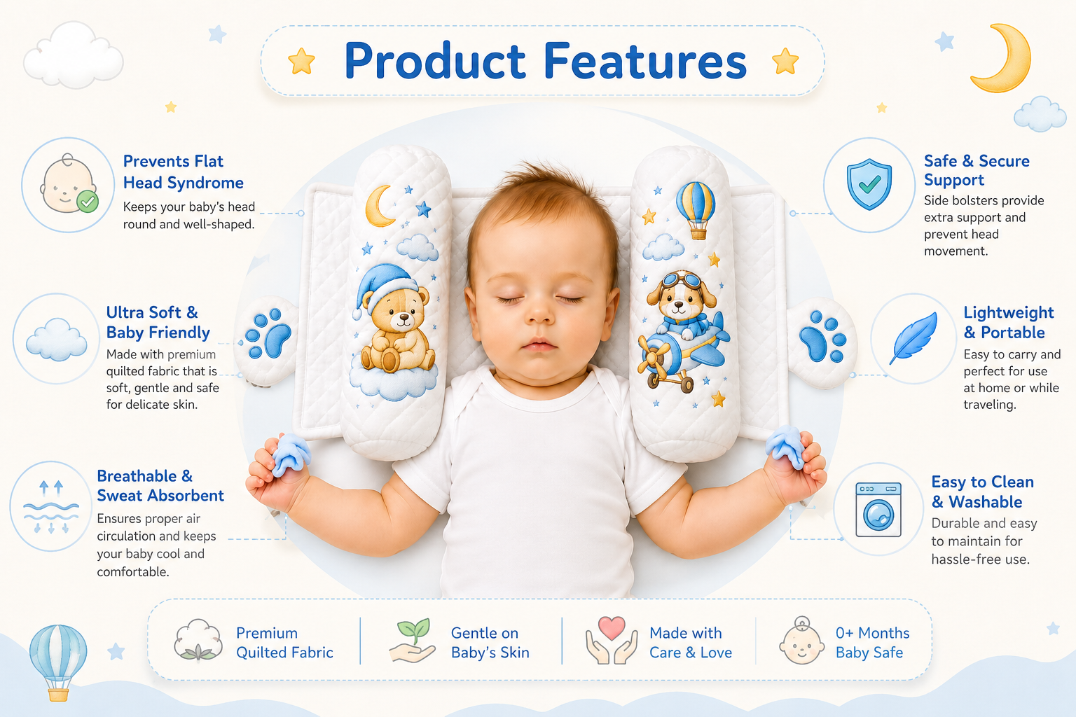 Baby Slider Pillow – Cute Bear & Airplane Print