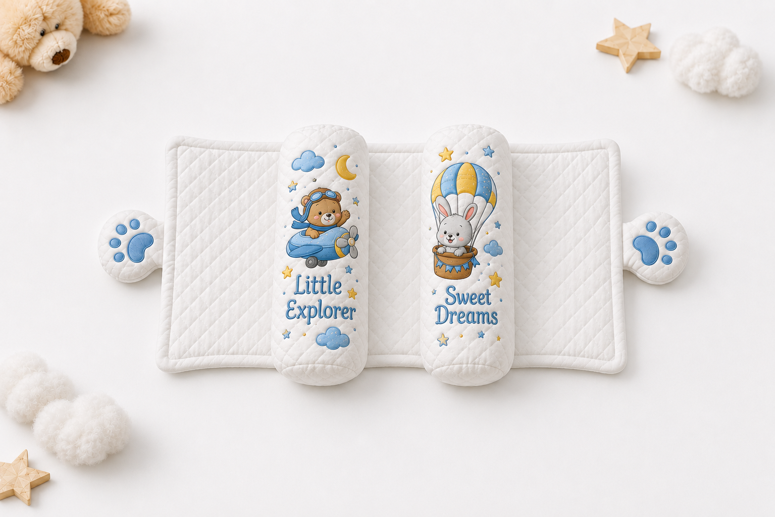 Baby white slider Pillow – Little Explorer & Sweet Dreams