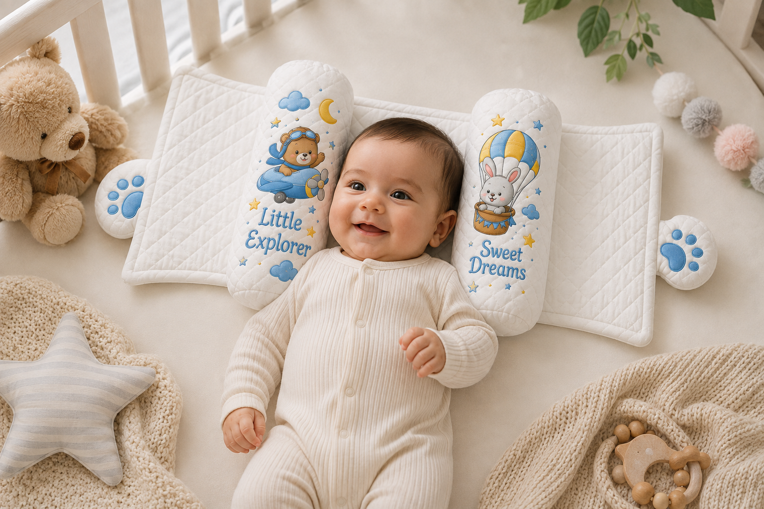 Baby white slider Pillow – Little Explorer & Sweet Dreams