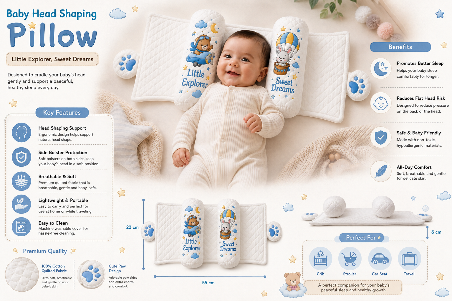 Baby white slider Pillow – Little Explorer & Sweet Dreams