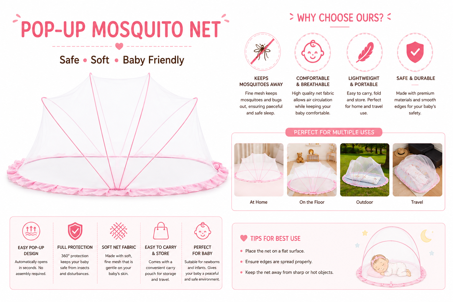 Mummakart Baby Mosquito Net | Pop-Up Mosquito Net for Newborns & Infants | Soft Breathable Mesh Baby Bed Net | Foldable & Portable Insect Protection Net | Pink