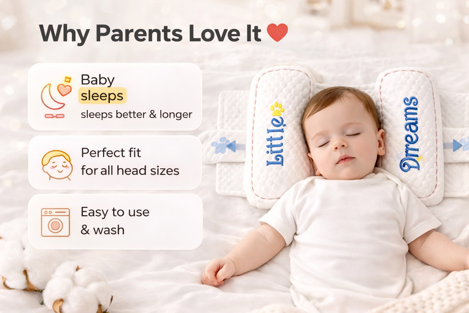 Mummakart White Baby Slider Pillow | Adjustable Head Support Pillow for Newborns & Infants | Soft Baby Head Positioning Cushion | Comfortable & Lightweight Baby Pillow