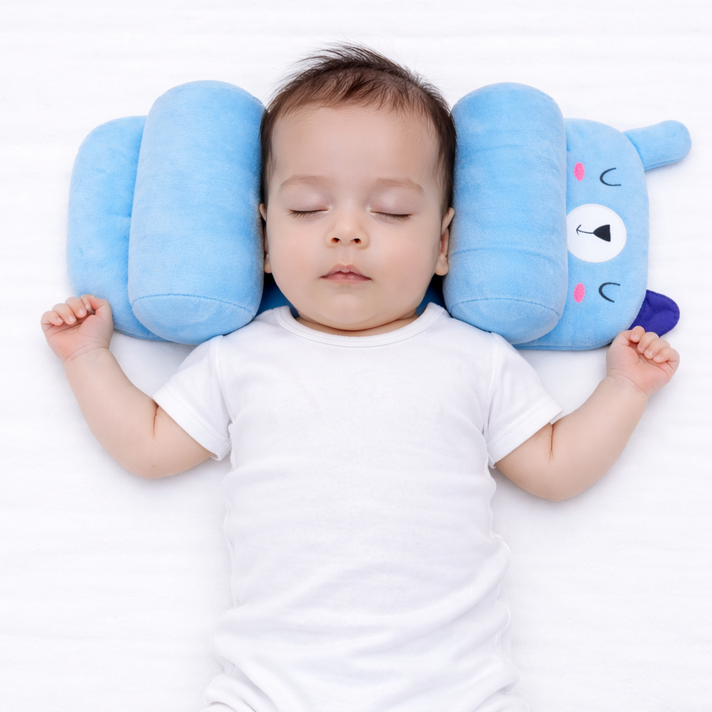Mummakart Blue Baby Head Support Pillow | Cute Cartoon Baby Pillow for Newborns & Infants | Soft Cushioned Side Support Pillow | Comfortable Head Positioning Cushion | Lightweight & Portable