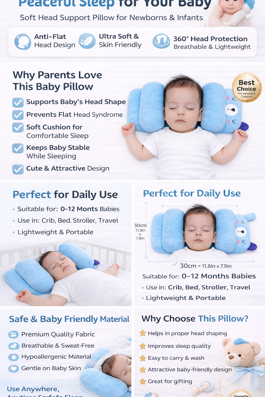 Mummakart Blue Baby Head Support Pillow | Cute Cartoon Baby Pillow for Newborns & Infants | Soft Cushioned Side Support Pillow | Comfortable Head Positioning Cushion | Lightweight & Portable