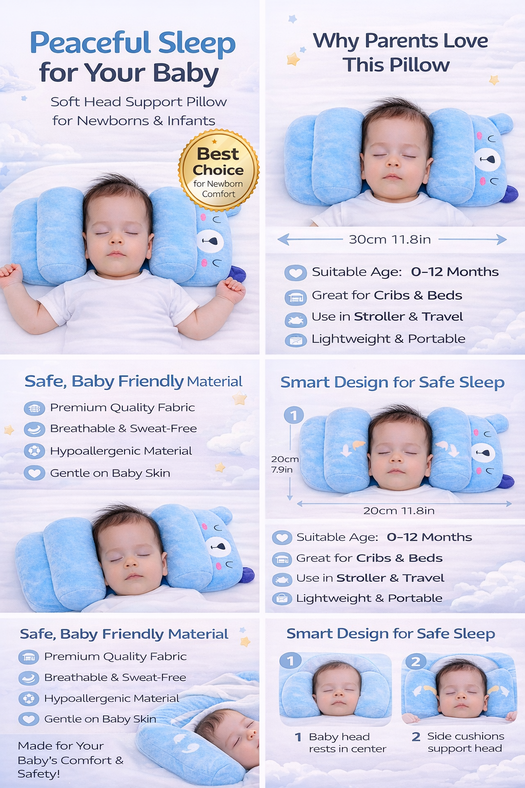 Mummakart Blue Baby Head Support Pillow | Cute Cartoon Baby Pillow for Newborns & Infants | Soft Cushioned Side Support Pillow | Comfortable Head Positioning Cushion | Lightweight & Portable