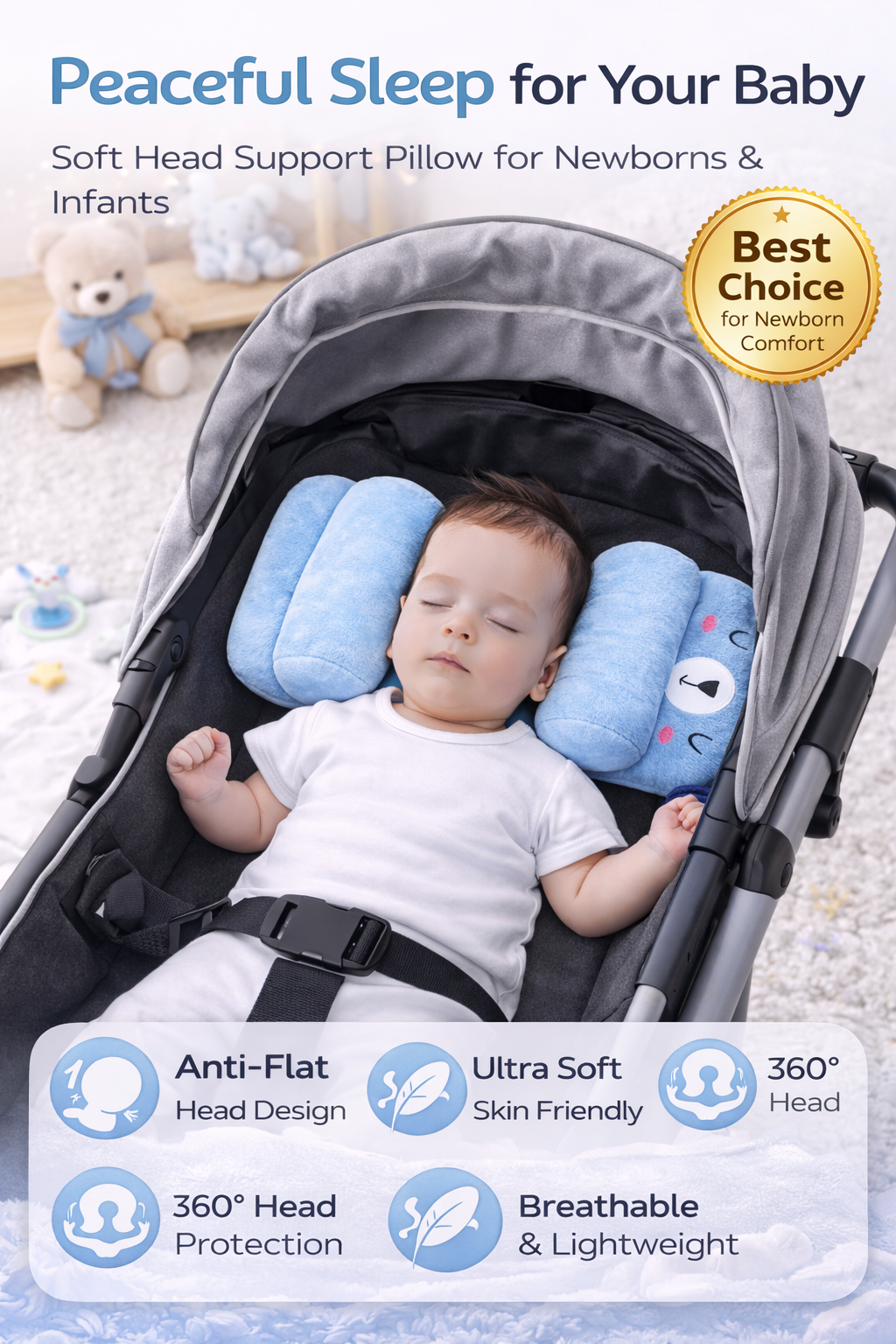 Mummakart Blue Baby Head Support Pillow | Cute Cartoon Baby Pillow for Newborns & Infants | Soft Cushioned Side Support Pillow | Comfortable Head Positioning Cushion | Lightweight & Portable