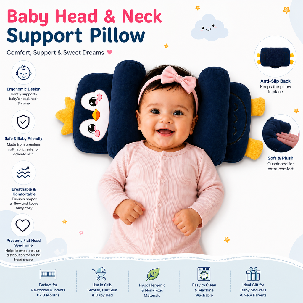 Mummakart Baby Head Support Slider Pillow for Newborns (0–6 Months) | Soft Baby Head & Neck Support Pillow| Navy Blue