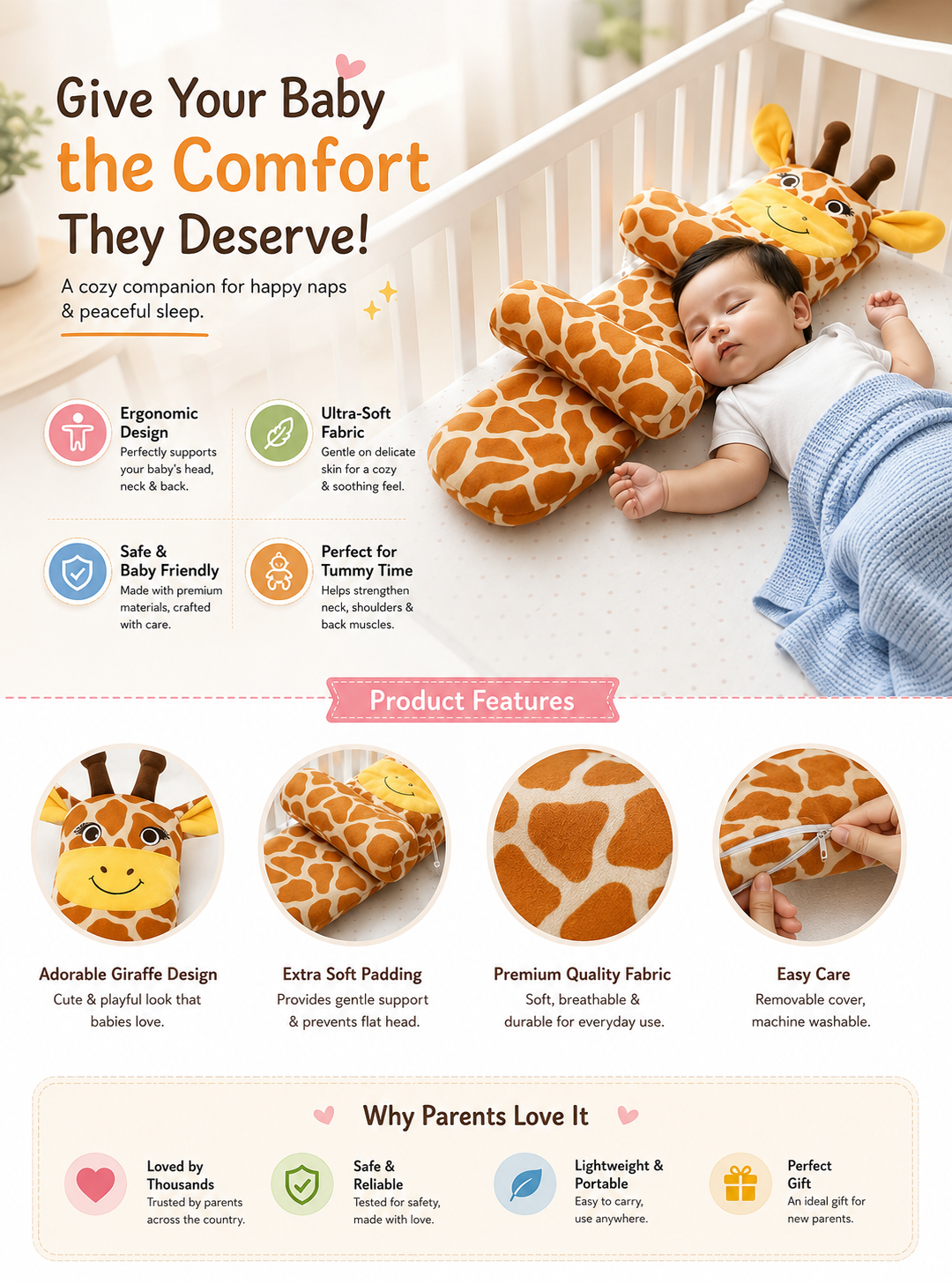 Mummakart Giraffe Baby Lounger Pillow | Soft & Comfortable Baby Support Cushion | Ergonomic Design for Newborns & Infants | Plush Giraffe Shape | Lightweight & Washable