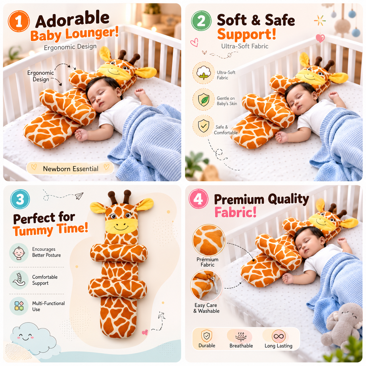Mummakart Giraffe Baby Lounger Pillow | Soft & Comfortable Baby Support Cushion | Ergonomic Design for Newborns & Infants | Plush Giraffe Shape | Lightweight & Washable