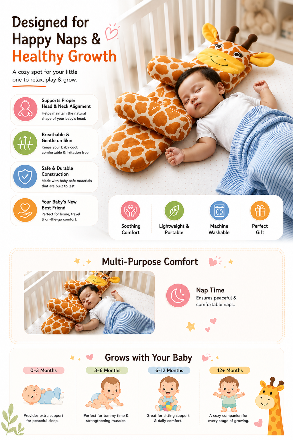 Mummakart Giraffe Baby Lounger Pillow | Soft & Comfortable Baby Support Cushion | Ergonomic Design for Newborns & Infants | Plush Giraffe Shape | Lightweight & Washable