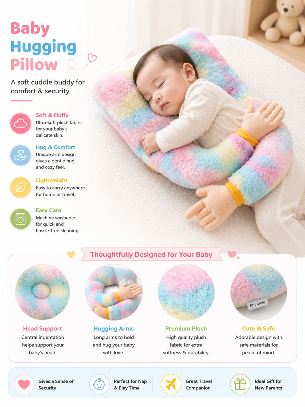 Mummakart Baby Hugging Pillow | Soft Plush Baby Support Cushion with Hugging Arms | Cute U-Shaped Baby Pillow for Newborns & Infants | Lightweight, Portable & Washable
