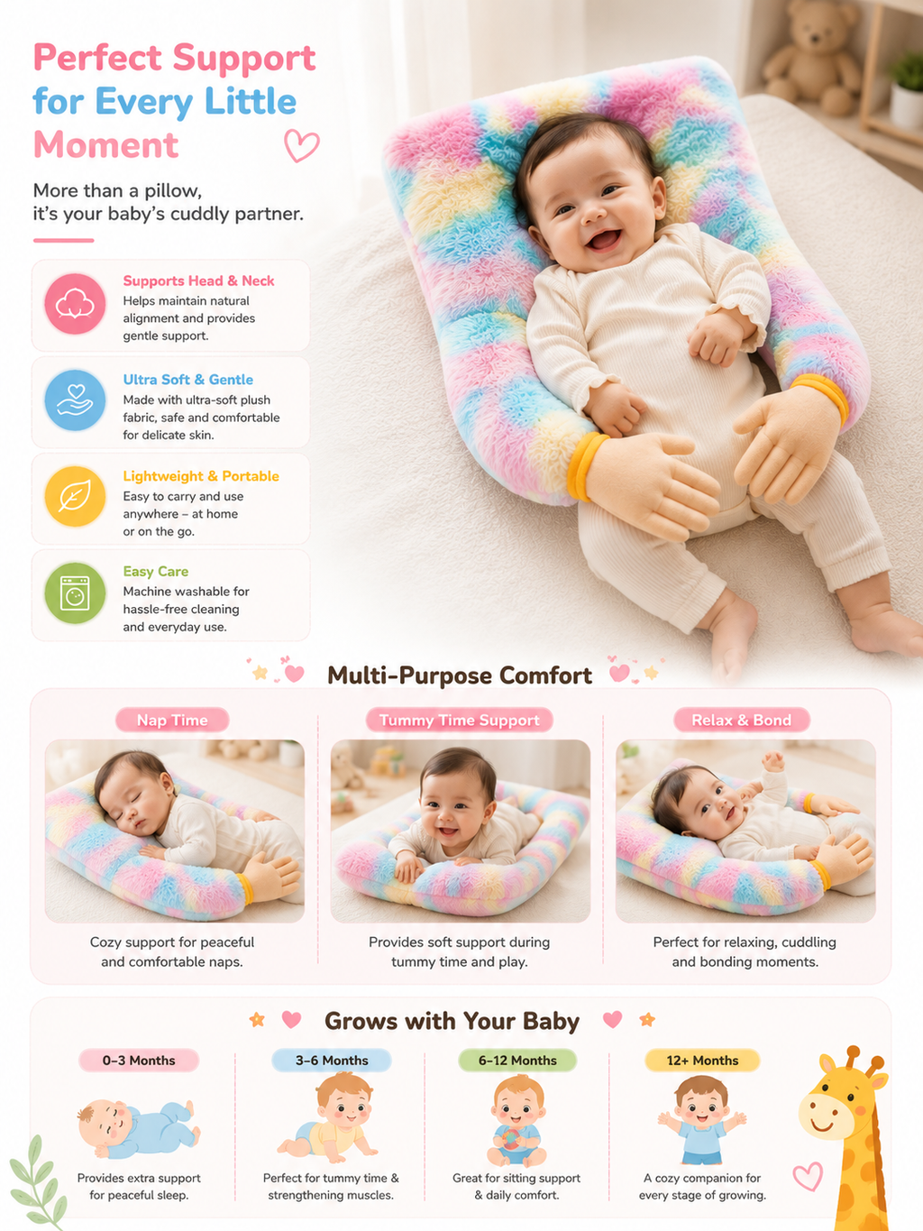 Mummakart Baby Hugging Pillow | Soft Plush Baby Support Cushion with Hugging Arms | Cute U-Shaped Baby Pillow for Newborns & Infants | Lightweight, Portable & Washable