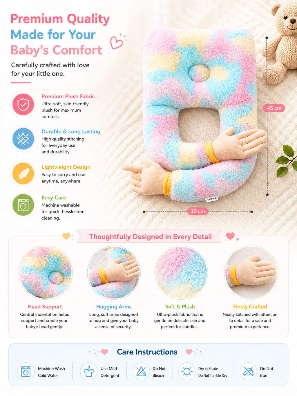 Mummakart Baby Hugging Pillow | Soft Plush Baby Support Cushion with Hugging Arms | Cute U-Shaped Baby Pillow for Newborns & Infants | Lightweight, Portable & Washable