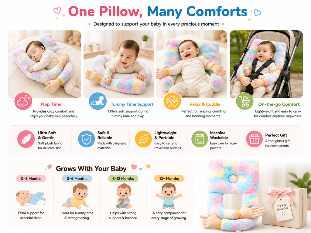 Mummakart Baby Hugging Pillow | Soft Plush Baby Support Cushion with Hugging Arms | Cute U-Shaped Baby Pillow for Newborns & Infants | Lightweight, Portable & Washable