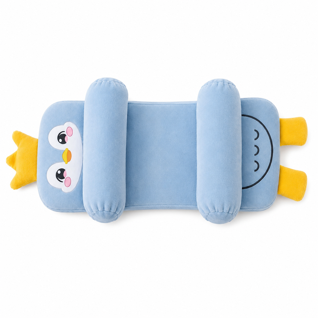 Mummakart Baby Head Support Slider Pillow for Newborns (0–6 Months) | Soft Baby Head & Neck Support Pillow| Penguin Print Sky Blue