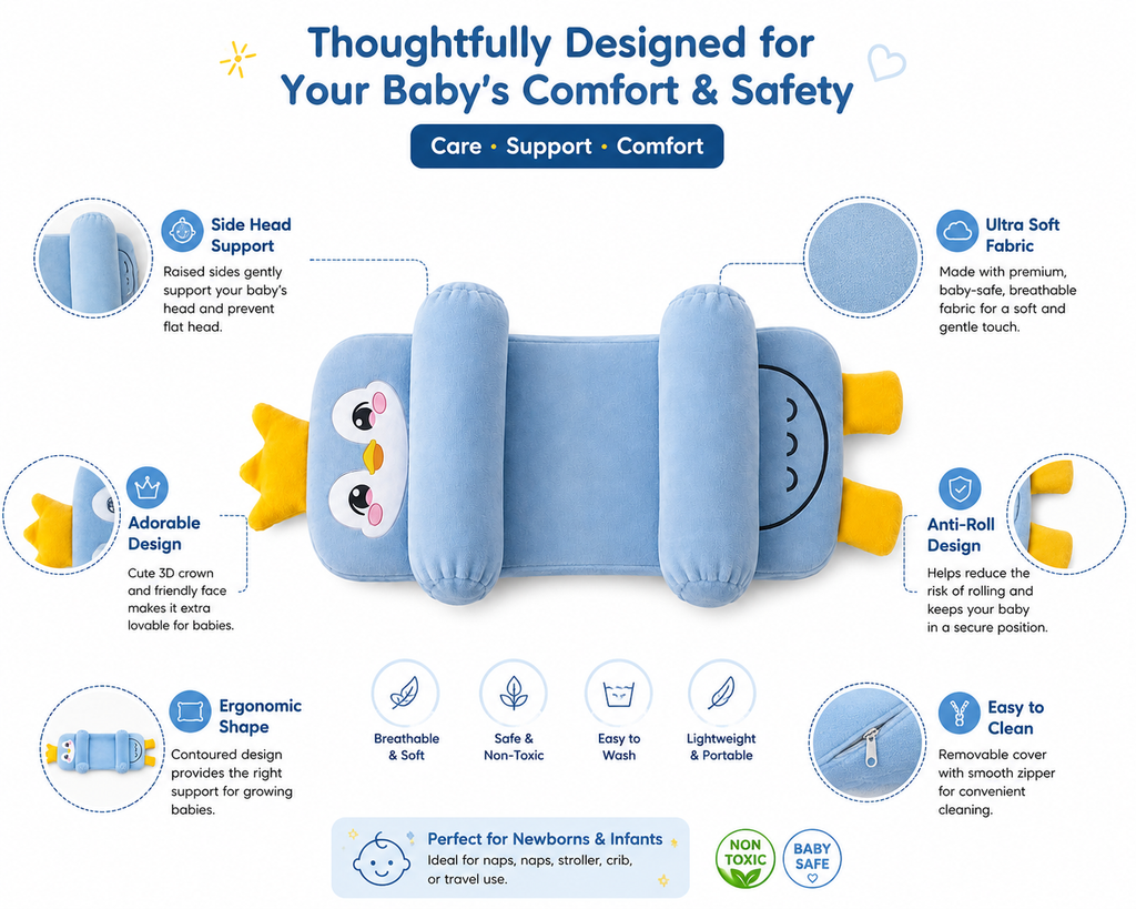 Mummakart Baby Head Support Slider Pillow for Newborns (0–6 Months) | Soft Baby Head & Neck Support Pillow| Penguin Print Sky Blue
