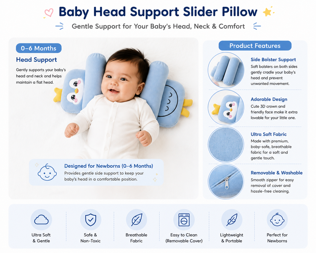 Mummakart Baby Head Support Slider Pillow for Newborns (0–6 Months) | Soft Baby Head & Neck Support Pillow| Penguin Print Sky Blue