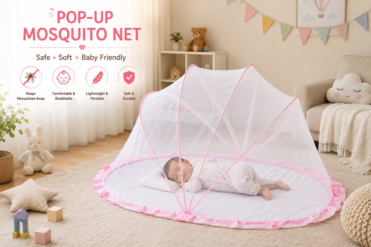 Mummakart Baby Mosquito Net | Pop-Up Mosquito Net for Newborns & Infants | Soft Breathable Mesh Baby Bed Net | Foldable & Portable Insect Protection Net | Pink