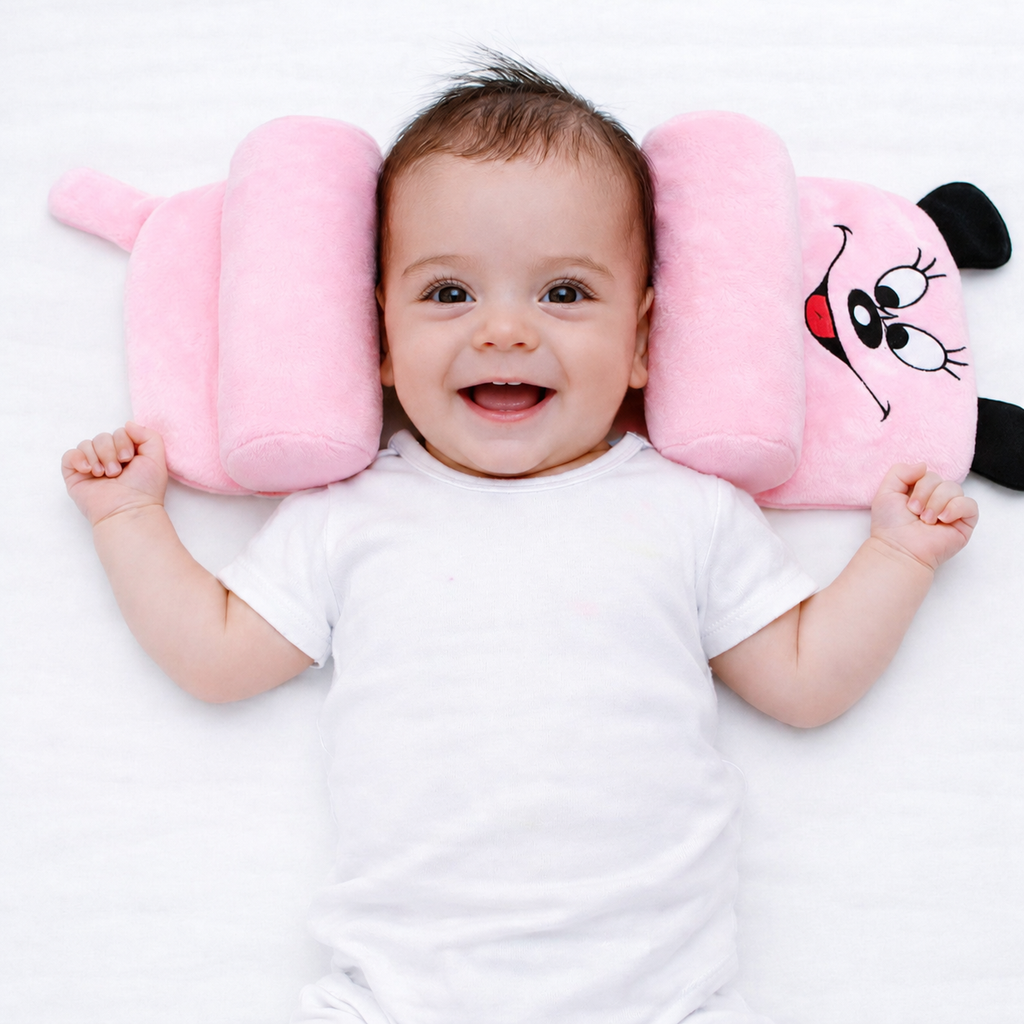 Mummakart Pink Baby Head Support Pillow | Cute Cartoon Baby Pillow for Newborns & Infants | Soft Side Support Cushion | Comfortable Head Positioning Pillow | Lightweight & Portable