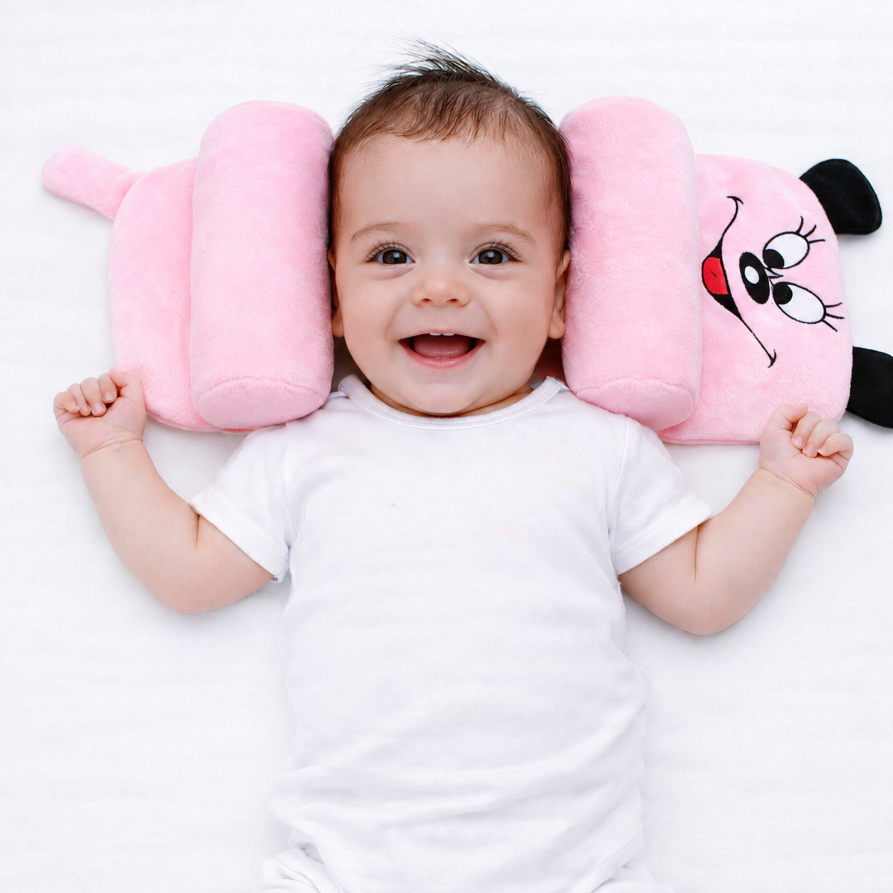 Mummakart Pink Baby Head Support Pillow | Cute Cartoon Baby Pillow for Newborns & Infants | Soft Side Support Cushion | Comfortable Head Positioning Pillow | Lightweight & Portable