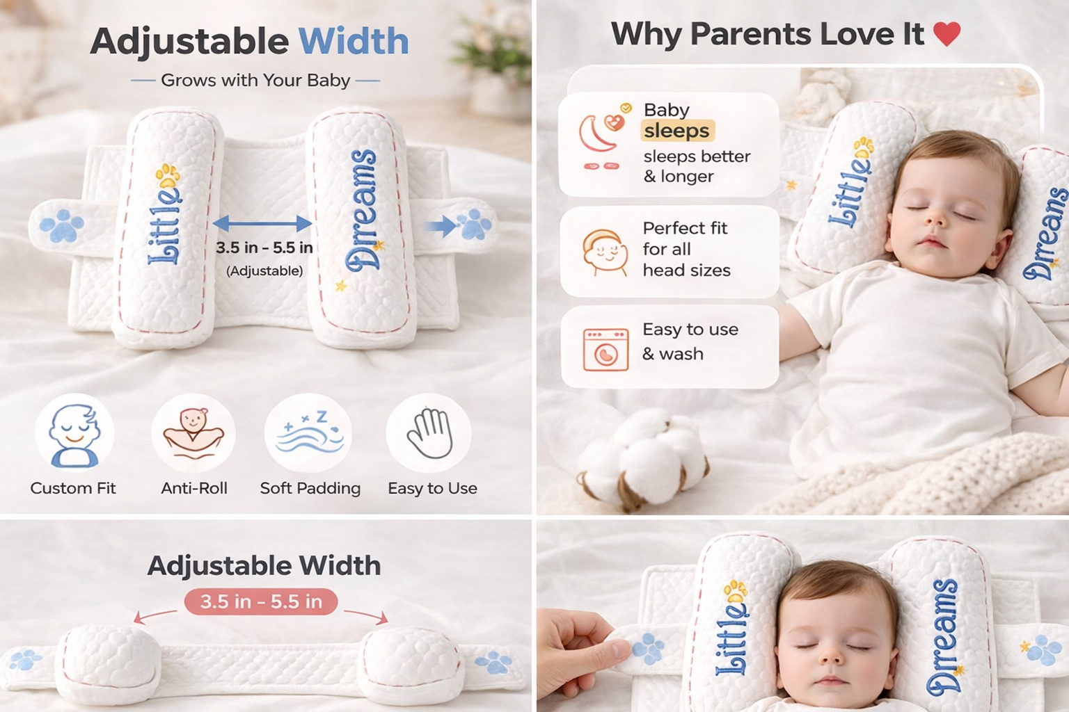 Mummakart White Baby Slider Pillow | Adjustable Head Support Pillow for Newborns & Infants | Soft Baby Head Positioning Cushion | Comfortable & Lightweight Baby Pillow