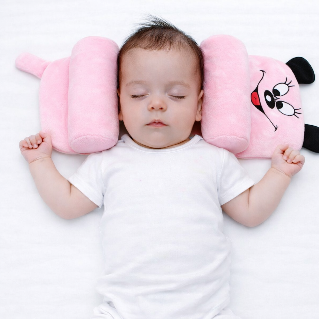 Mummakart Pink Baby Head Support Pillow | Cute Cartoon Baby Pillow for Newborns & Infants | Soft Side Support Cushion | Comfortable Head Positioning Pillow | Lightweight & Portable