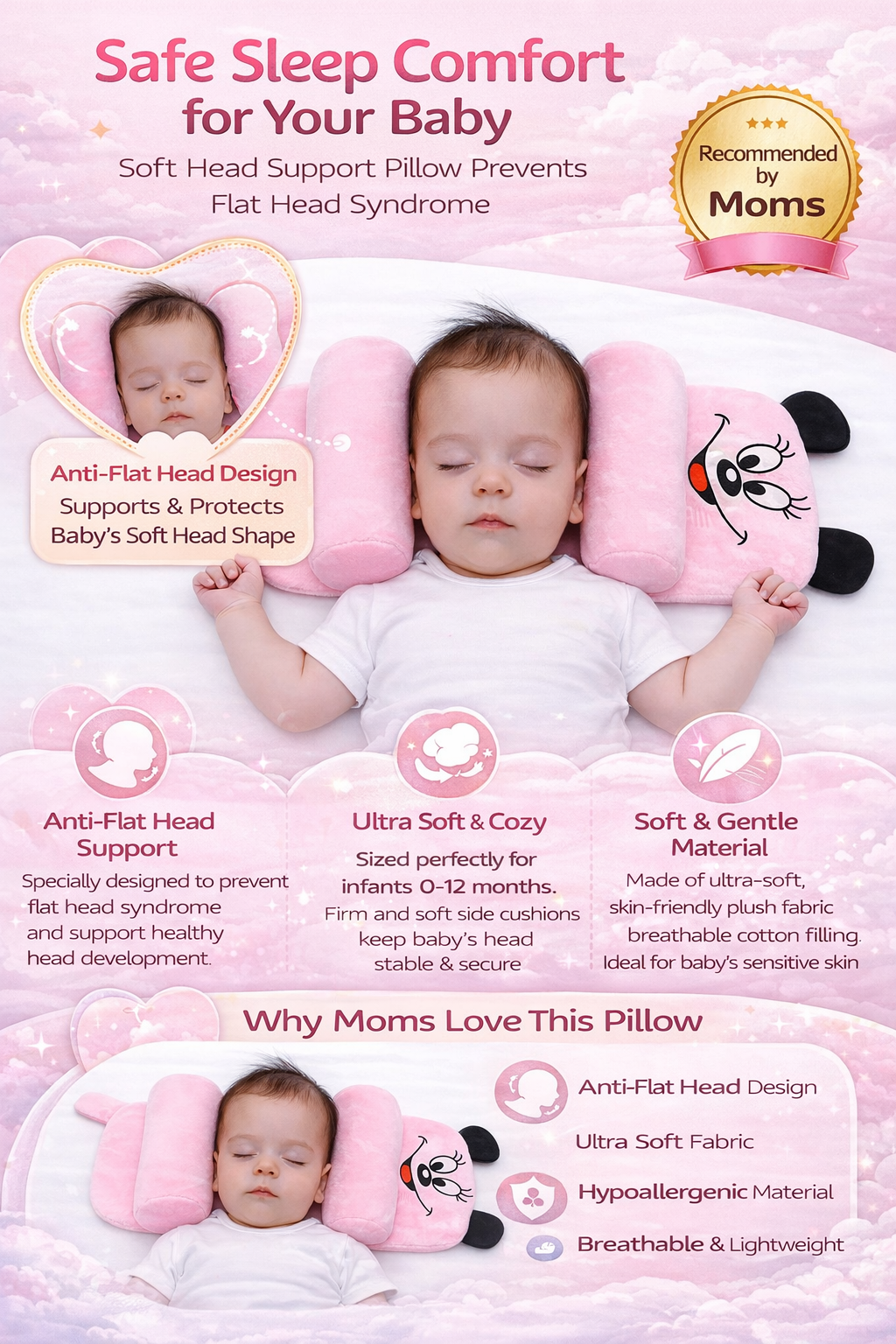Mummakart Pink Baby Head Support Pillow | Cute Cartoon Baby Pillow for Newborns & Infants | Soft Side Support Cushion | Comfortable Head Positioning Pillow | Lightweight & Portable