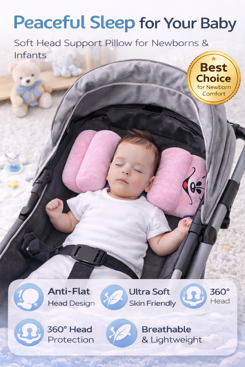 Mummakart Pink Baby Head Support Pillow | Cute Cartoon Baby Pillow for Newborns & Infants | Soft Side Support Cushion | Comfortable Head Positioning Pillow | Lightweight & Portable