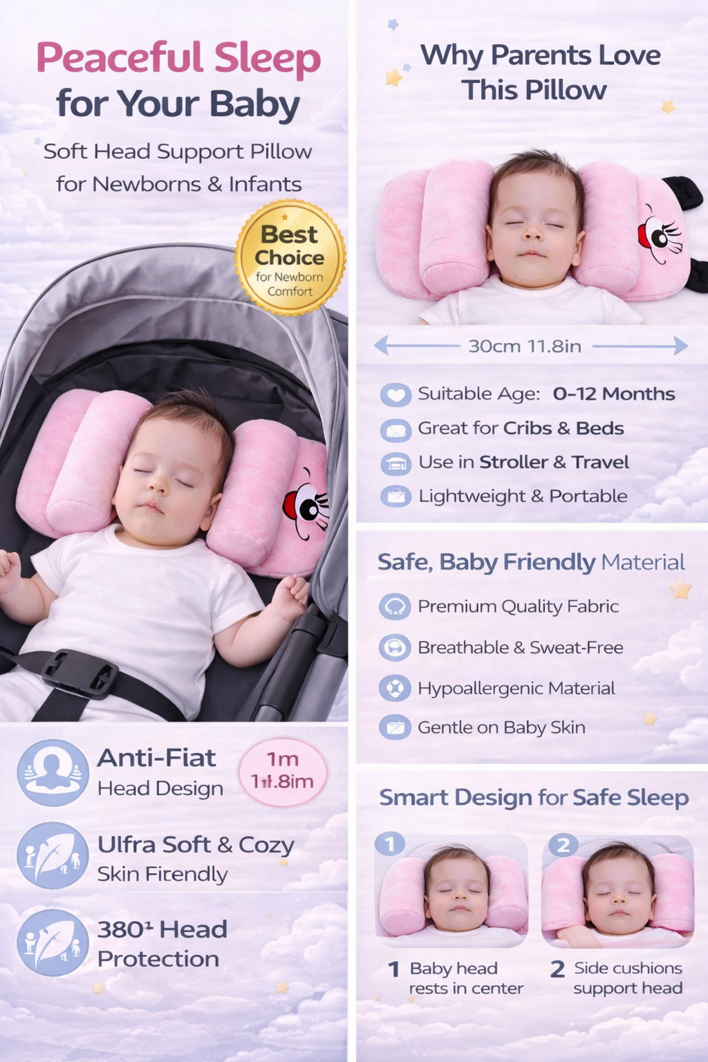 Mummakart Pink Baby Head Support Pillow | Cute Cartoon Baby Pillow for Newborns & Infants | Soft Side Support Cushion | Comfortable Head Positioning Pillow | Lightweight & Portable