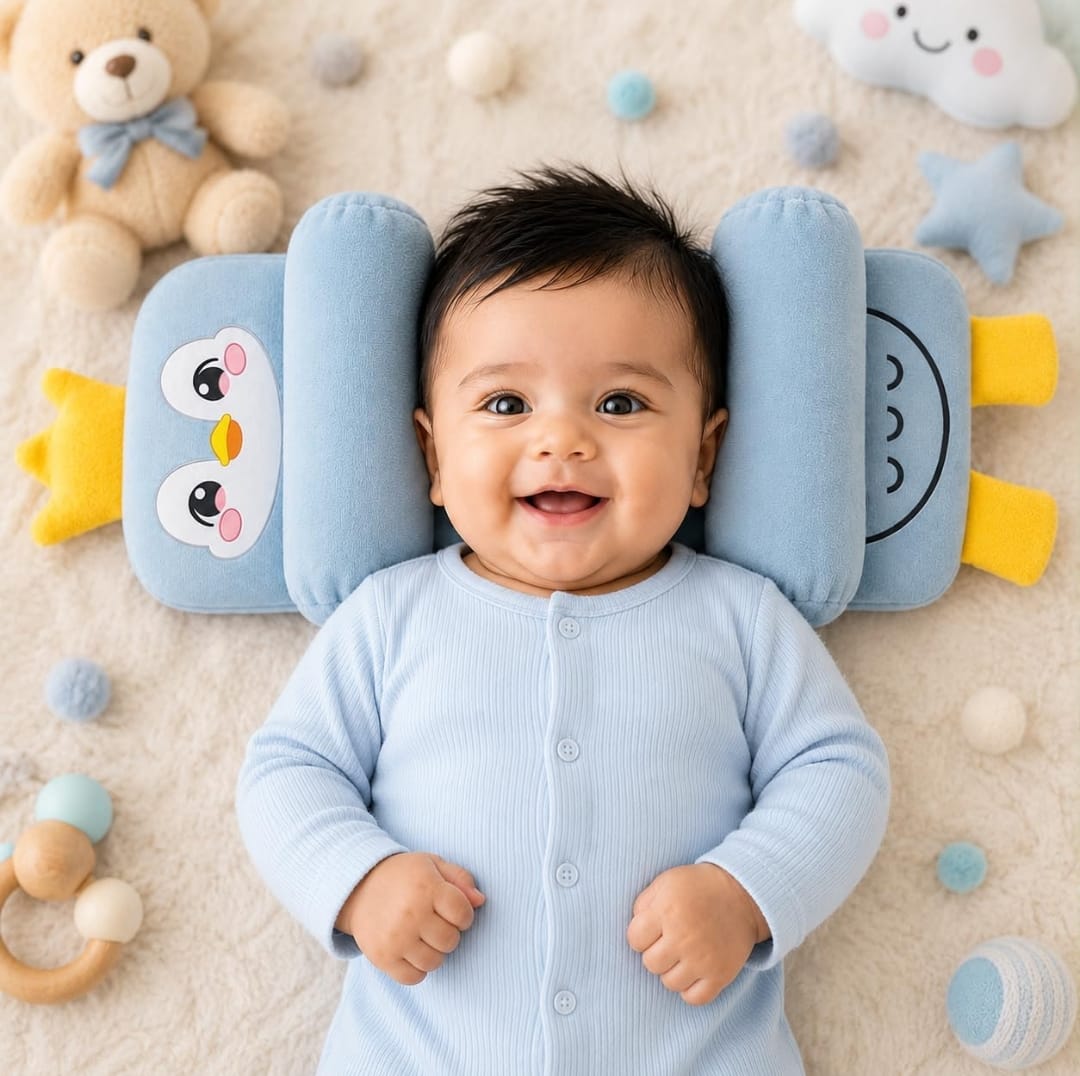 Mummakart Baby Head Support Slider Pillow for Newborns (0–6 Months) | Soft Baby Head & Neck Support Pillow| Penguin Print Sky Blue