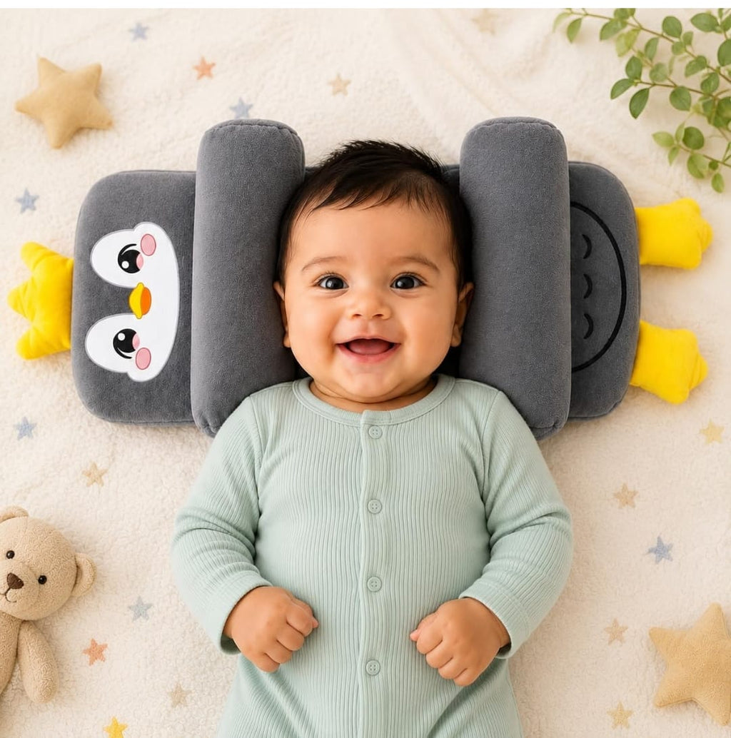 Mummakart Baby Head Support Slider Pillow for Newborns (0–6 Months) | Soft Baby Head & Neck Support Pillow| Penguin Print Grey