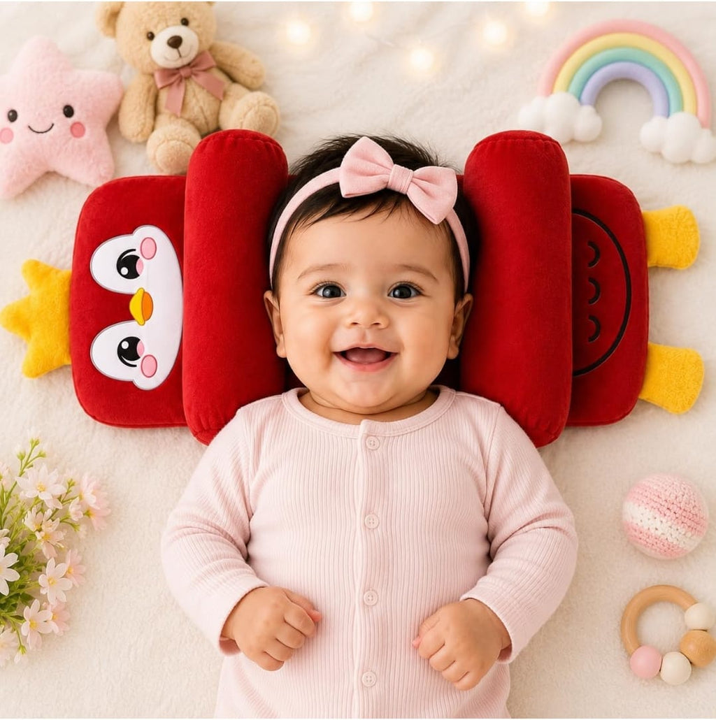 Mummakart Baby Head Support Slider Pillow for Newborns (0–6 Months) | Soft Baby Head & Neck Support Pillow| Penguin print Red
