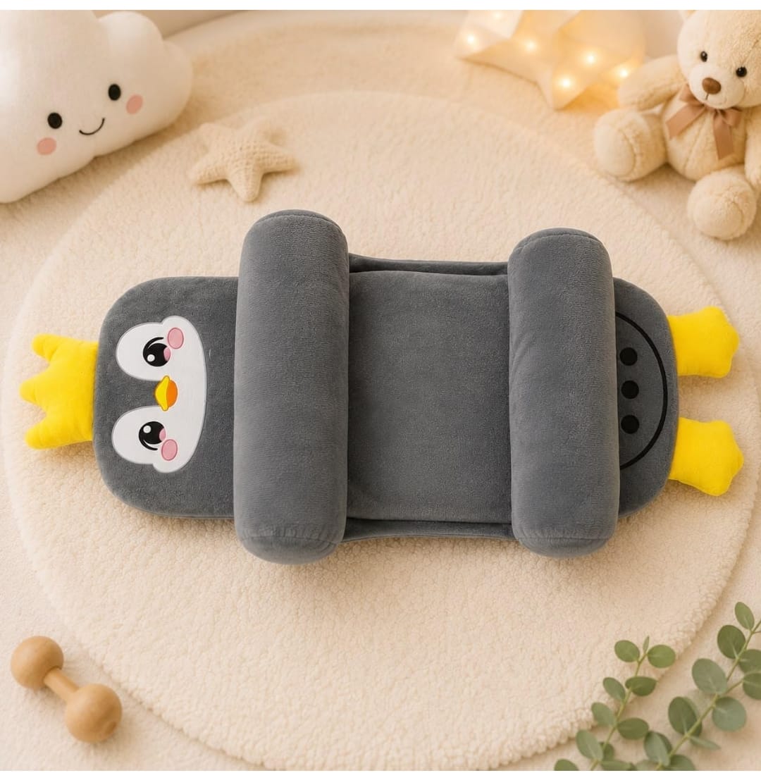 Mummakart Baby Head Support Slider Pillow for Newborns (0–6 Months) | Soft Baby Head & Neck Support Pillow| Penguin Print Grey