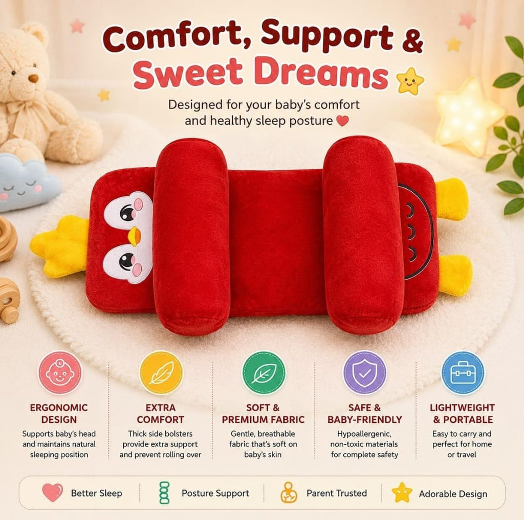 Mummakart Baby Head Support Slider Pillow for Newborns (0–6 Months) | Soft Baby Head & Neck Support Pillow| Penguin print Red