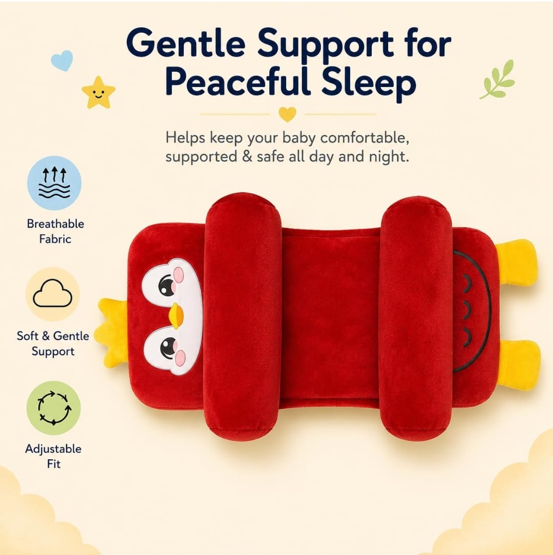 Mummakart Baby Head Support Slider Pillow for Newborns (0–6 Months) | Soft Baby Head & Neck Support Pillow| Penguin print Red